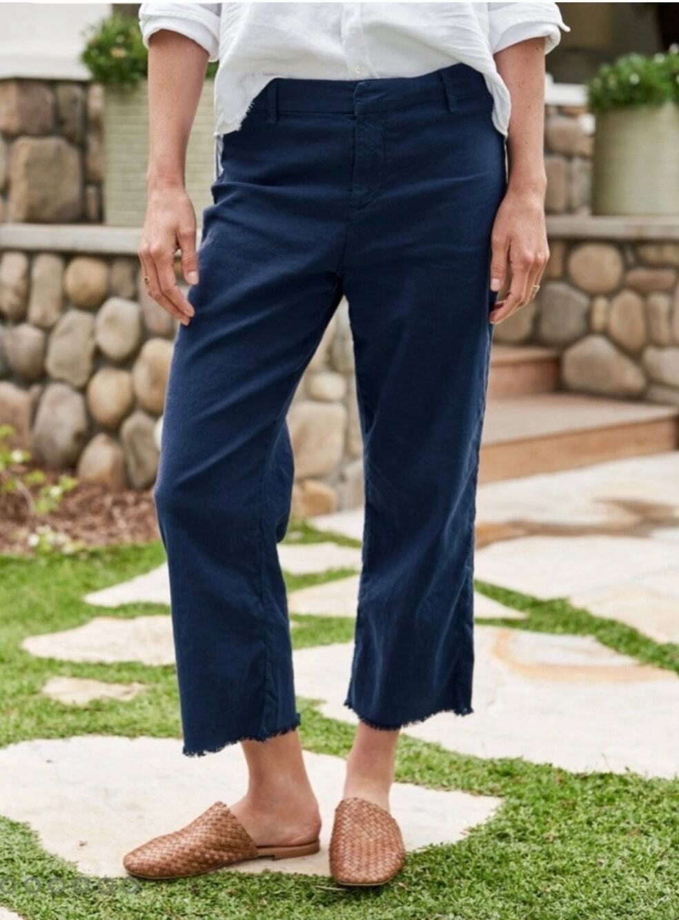Frank & Eileen Kinsale Trouser Pants in Navy Size 4 Cotton, Flax Blend Raw Hem